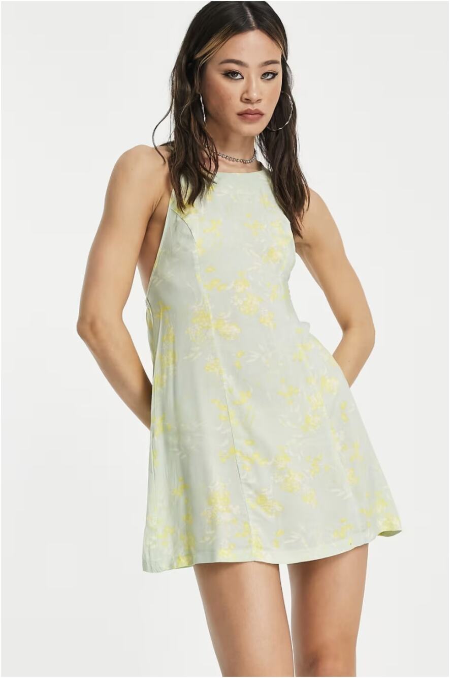 Free People Mini Dress WMNS L SageYellow High Neck Tie Back 'In Control' Boho